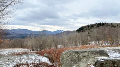 Large rocks and bare winter trees with hills in the distance - Newark Vermont