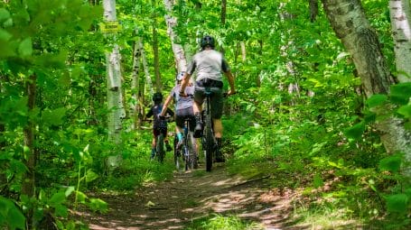 A group of bikers on a Vermont mountain biking trail in summer in Barre