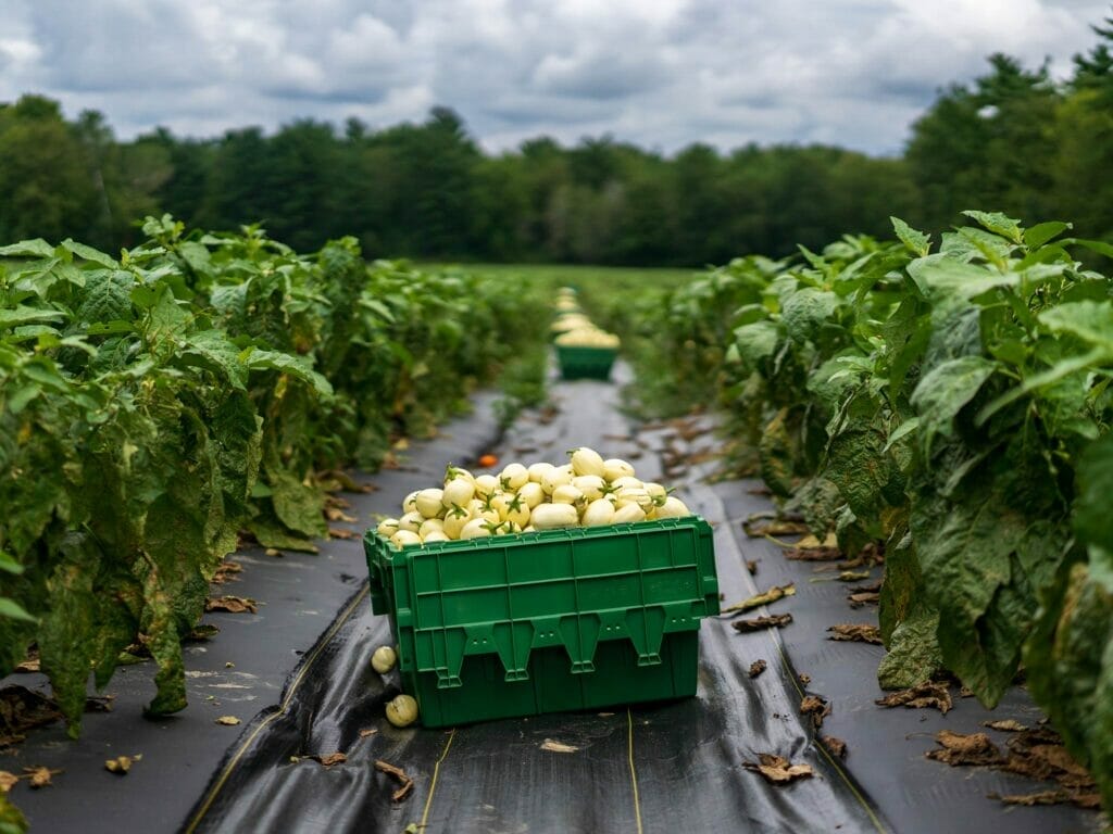 A plastic crate of pale-yellow African eggplant in a large field of eggplant in Colchester Vermont
