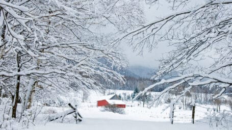 snowy winter scene with red barn in distance and hills beyond. conserved land in Vermont